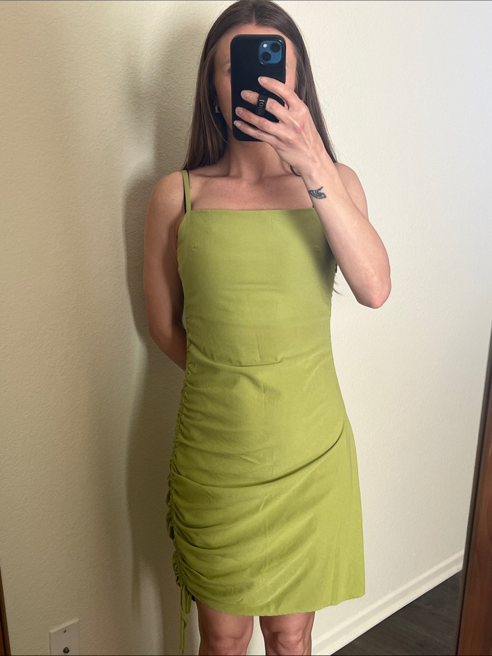 Square Neck Ruched Lime Green Slip Dress